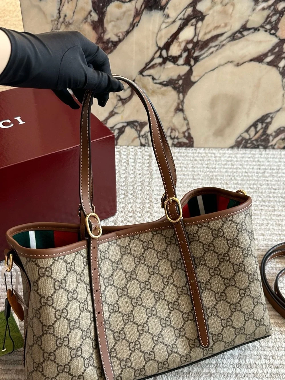 Gucci Beige GG Supreme Canvas Tote with Black Trim and Green-Red Webbing